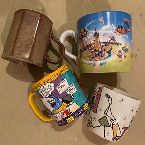 4 decorative tea hot drink mugs with interesting printed messages